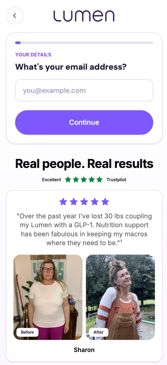Lumen quiz step asking for an email address with a progress bar and Continue button, above a Real people Real results band with a Trustpilot rating and a customer before-and-after story